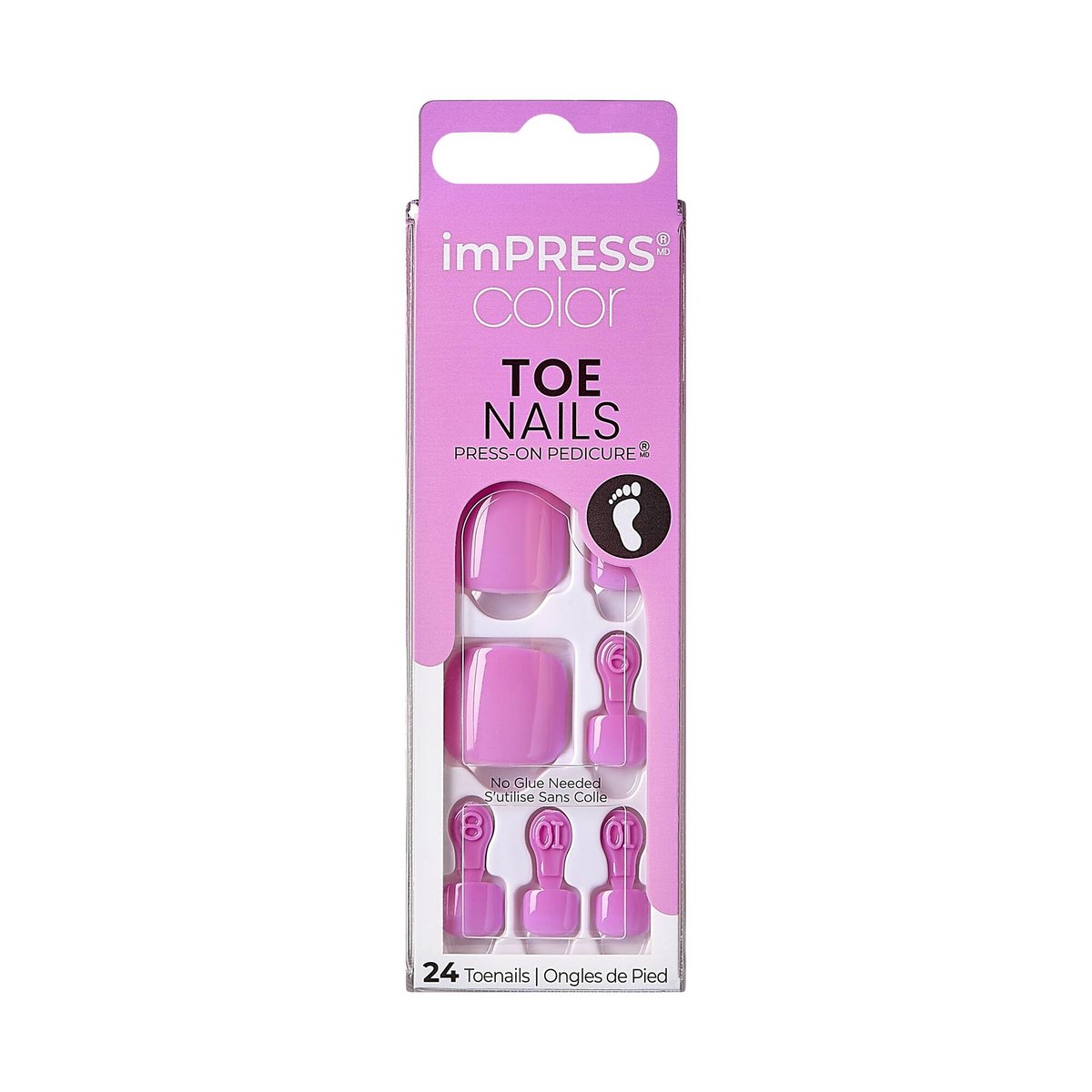KISS imPRESS Color No Glue Pedi Press-On Toenails - Pink Squoval Shape, Large (24 Nails + Prep Pad + Manicure Stick + Mini File) - görsel 1