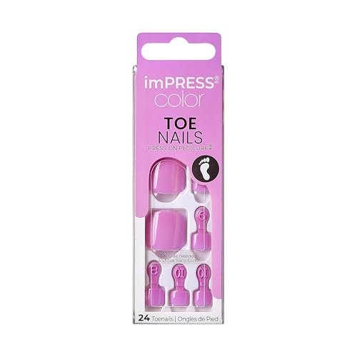 KISS imPRESS Color No Glue Pedi Press-On Toenails - Pink Squoval Shape, Large (24 Nails + Prep Pad + Manicure Stick + Mini File) - görsel 2