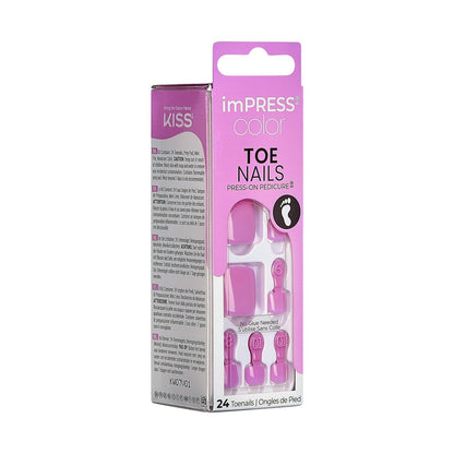 KISS imPRESS Color No Glue Pedi Press-On Toenails - Pink Squoval Shape, Large (24 Nails + Prep Pad + Manicure Stick + Mini File)