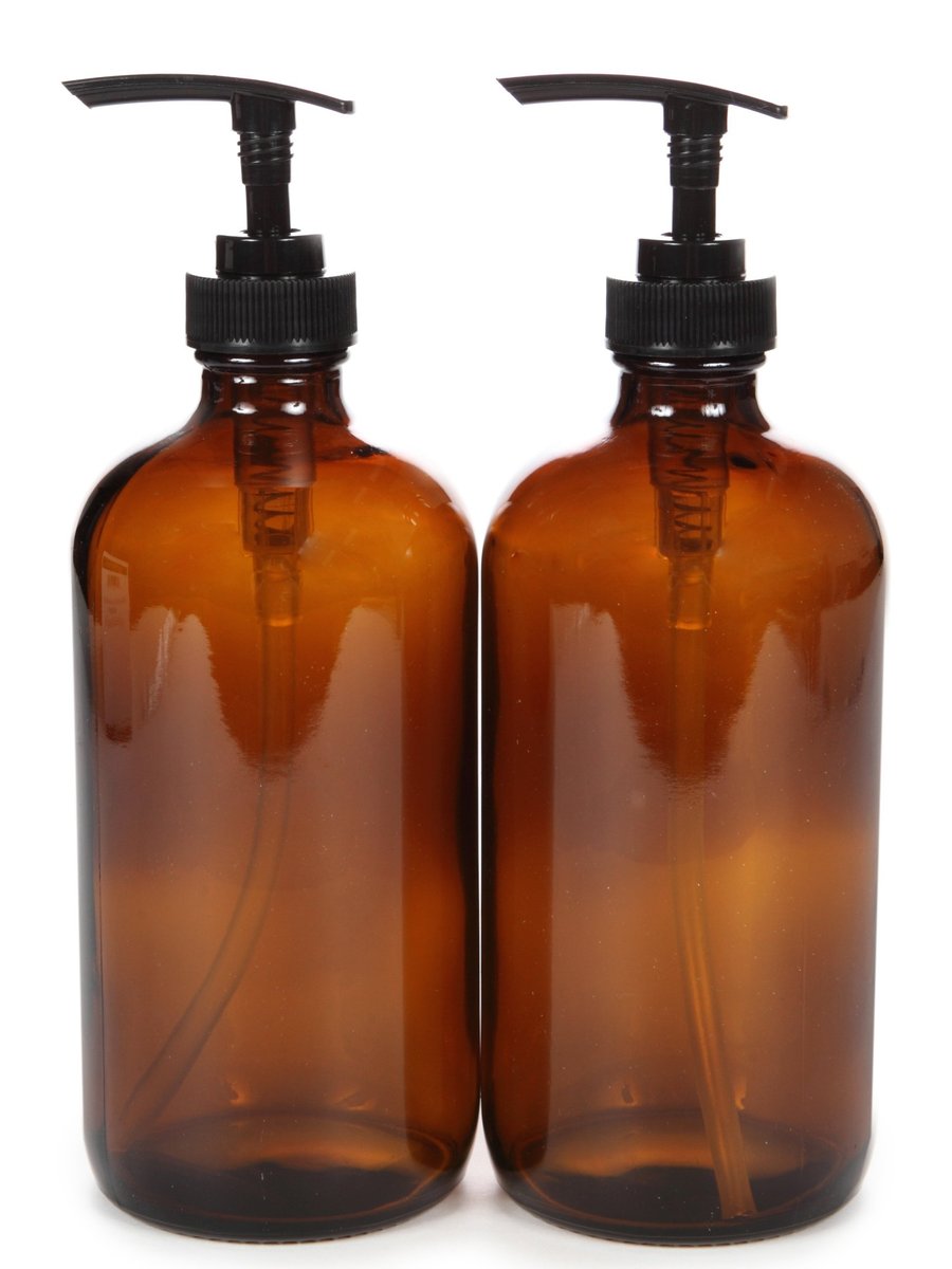 Vivaplex 16 oz Amber Glass Bottles with Black Lotion Pumps (2-Pack) - Empty Dispenser for Soap, Lotion, or Essential Oils - görsel 1