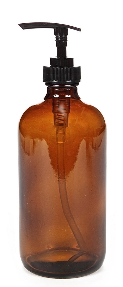 Vivaplex 16 oz Amber Glass Bottles with Black Lotion Pumps (2-Pack) - Empty Dispenser for Soap, Lotion, or Essential Oils
