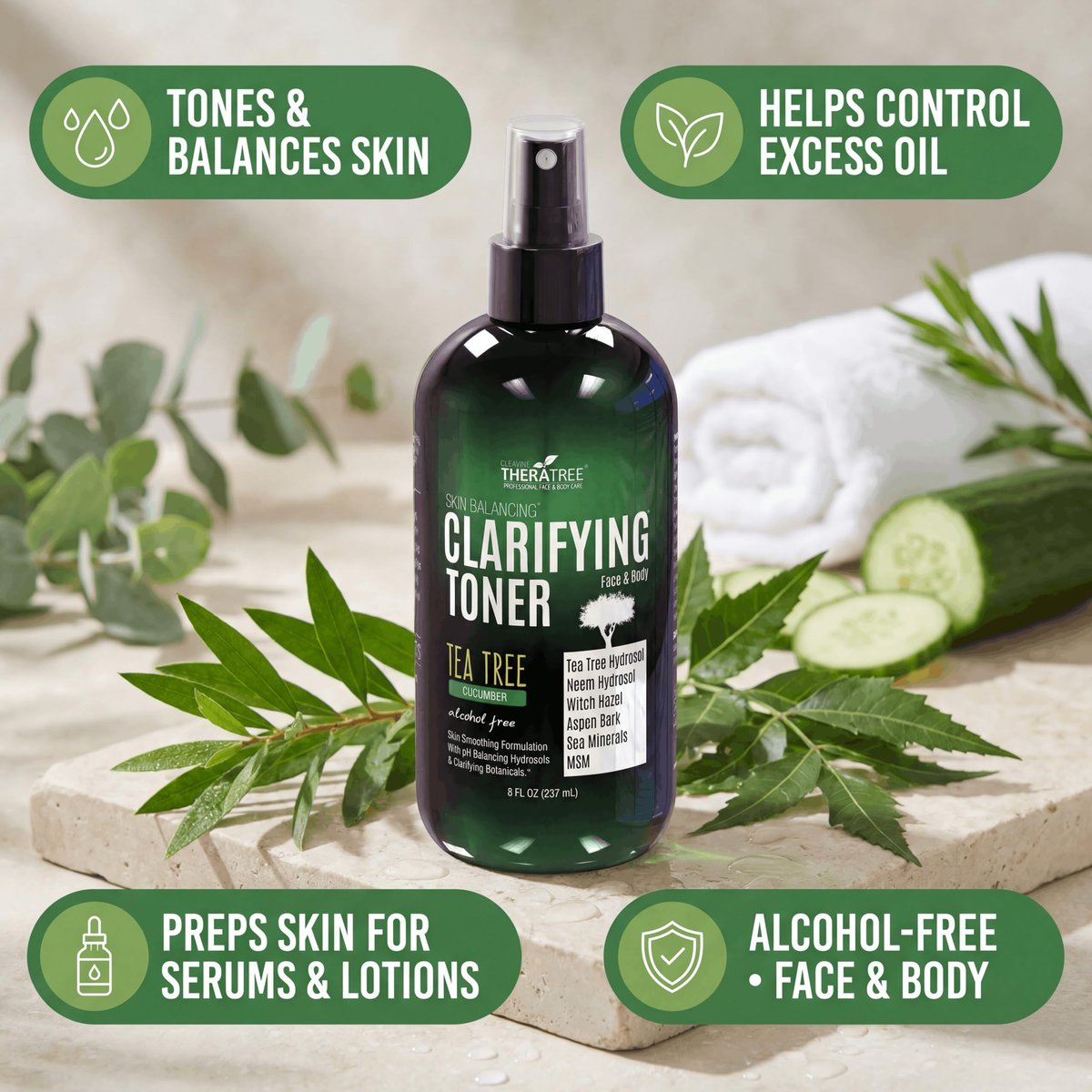 Oleavine TheraTree Clarifying Toner with MSM, Tea Tree & Neem Hydrosol - Alcohol-Free Complexion Control for Face & Body - Reduces Appearance of Pores & Controls Oil - 8 Fl Oz Avelisse