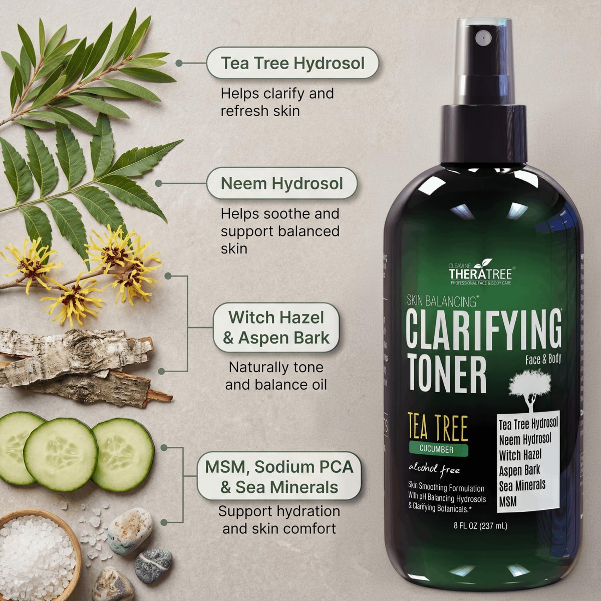 Oleavine TheraTree Clarifying Toner with MSM, Tea Tree & Neem Hydrosol - Alcohol-Free Complexion Control for Face & Body - Reduces Appearance of Pores & Controls Oil - 8 Fl Oz Avelisse