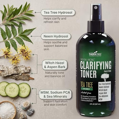 Oleavine TheraTree Clarifying Toner with MSM, Tea Tree & Neem Hydrosol - Alcohol-Free Complexion Control for Face & Body - Reduces Appearance of Pores & Controls Oil - 8 Fl Oz Avelisse