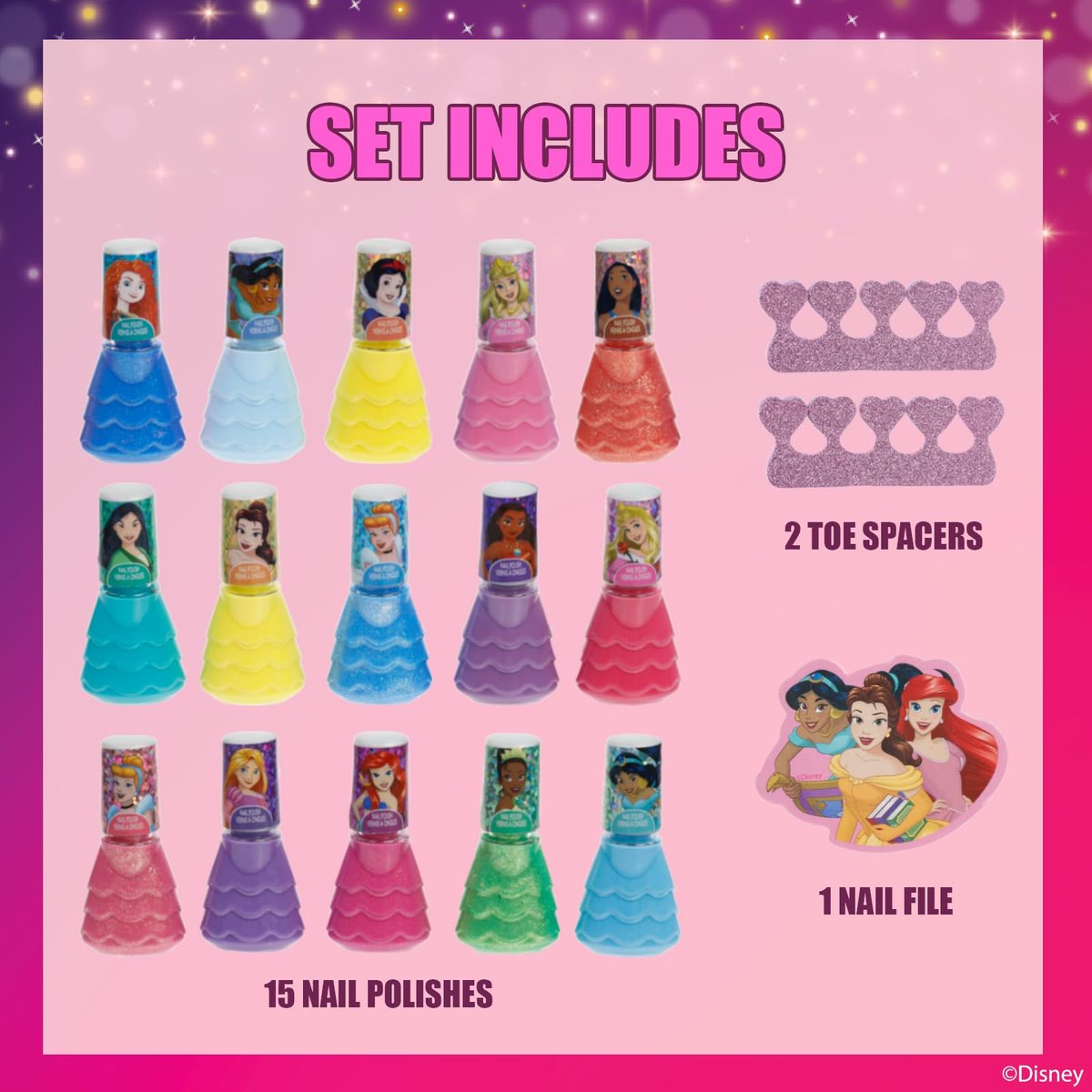 Disney Princess 15-Piece Water-Based Nail Polish Set with Toe Spacers - Quick Dry, Peel Off, Gift Kit for Kids Ages 3+ - görsel 3