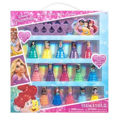 Disney Princess 15-Piece Water-Based Nail Polish Set with Toe Spacers - Quick Dry, Peel Off, Gift Kit for Kids Ages 3+