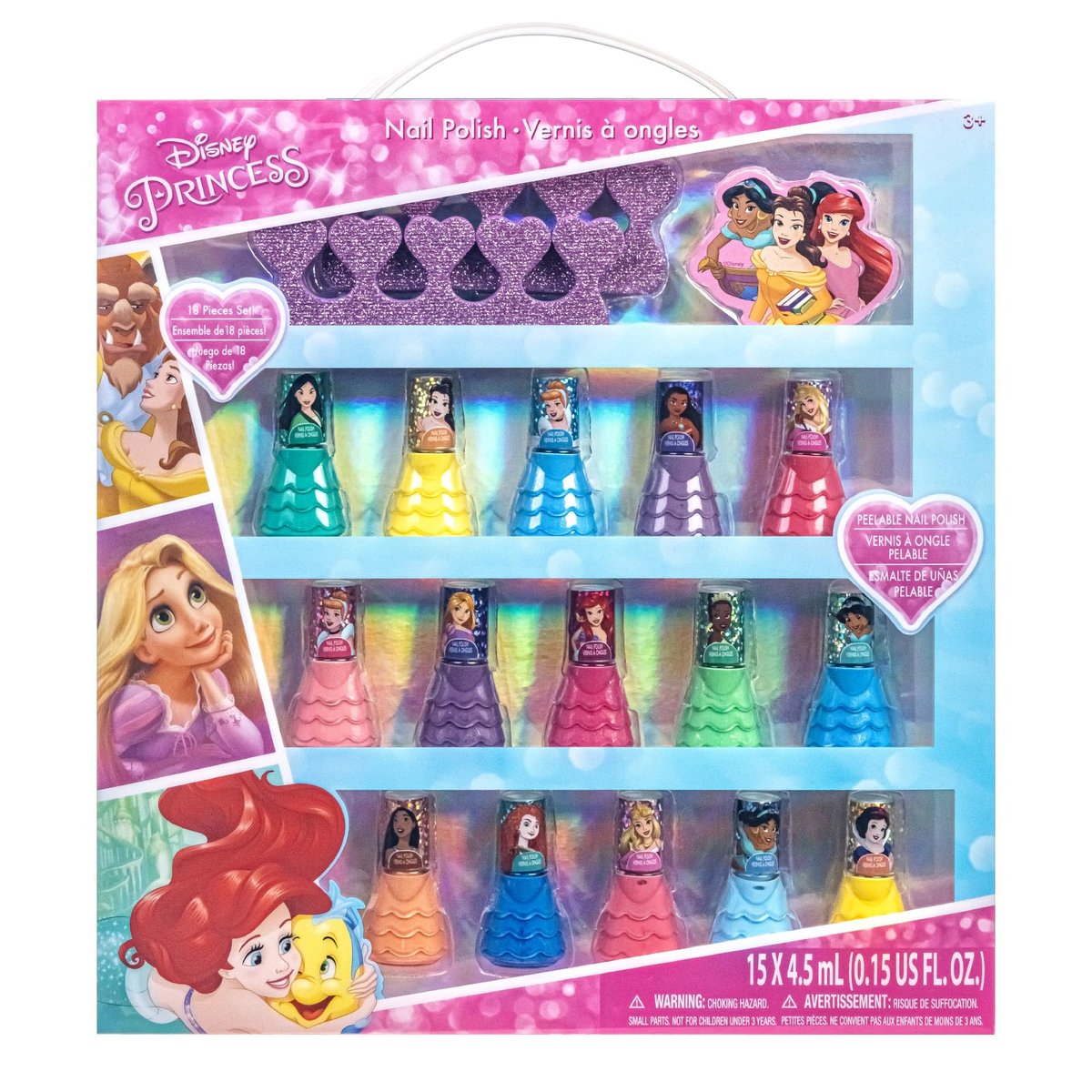 Disney Princess 15-Piece Water-Based Nail Polish Set with Toe Spacers - Quick Dry, Peel Off, Gift Kit for Kids Ages 3+ - görsel 1