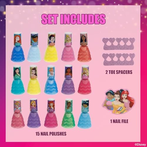 Disney Princess 15-Piece Water-Based Nail Polish Set with Toe Spacers - Quick Dry, Peel Off, Gift Kit for Kids Ages 3+ - görsel 4