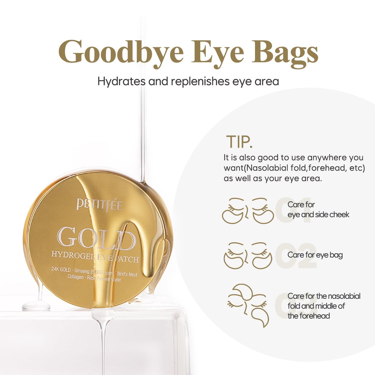 Petitfee Gold Hydrogel Eye Patch 60ea (30 Pairs) - 24K Gold Eye Mask for Moisturizing, Glowy Skin, Hydrating, Skin Elasticity, Youthful Complexion, Ginseng, Collagen - görsel 15