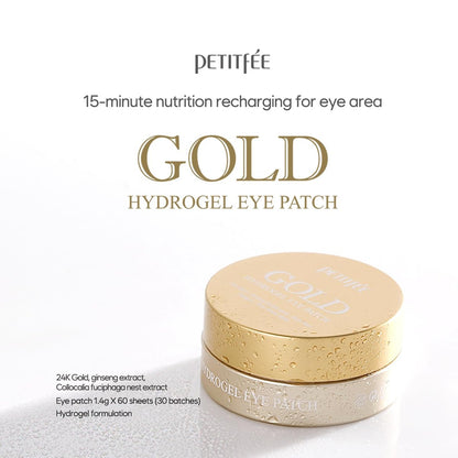 Petitfee Gold Hydrogel Eye Patch 60ea (30 Pairs) - 24K Gold Eye Mask for Moisturizing, Glowy Skin, Hydrating, Skin Elasticity, Youthful Complexion, Ginseng, Collagen