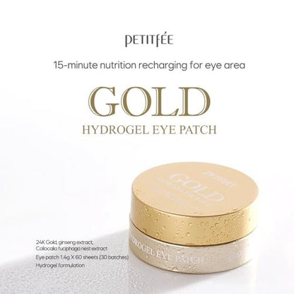 Petitfee Gold Hydrogel Eye Patch 60ea (30 Pairs) - 24K Gold Eye Mask for Moisturizing, Glowy Skin, Hydrating, Skin Elasticity, Youthful Complexion, Ginseng, Collagen