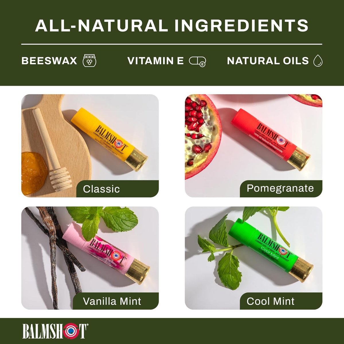 BALMSHOT Lip Balm Multipack - 4 SPF 15 Beeswax Chapsticks with Aloe & Vitamin E, PABA Free, Long Lasting Moisturizer - Made in USA Avelisse