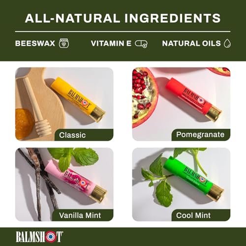 BALMSHOT Lip Balm Multipack - 4 SPF 15 Beeswax Chapsticks with Aloe & Vitamin E, PABA Free, Long Lasting Moisturizer - Made in USA Avelisse