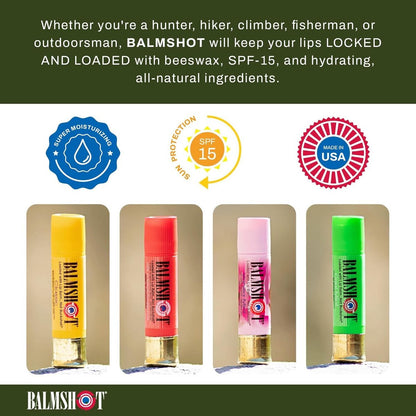 BALMSHOT Lip Balm Multipack - 4 SPF 15 Beeswax Chapsticks with Aloe & Vitamin E, PABA Free, Long Lasting Moisturizer - Made in USA Avelisse