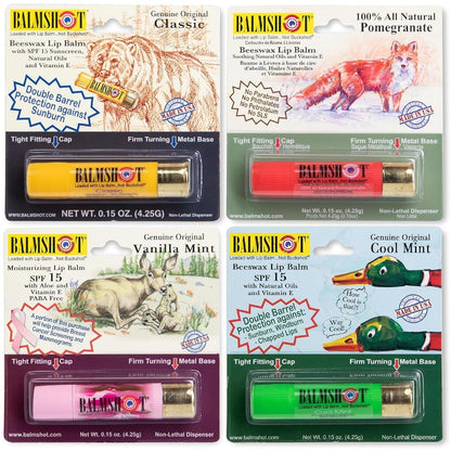 BALMSHOT Lip Balm Multipack - 4 SPF 15 Beeswax Chapsticks with Aloe & Vitamin E, PABA Free, Long Lasting Moisturizer - Made in USA Avelisse