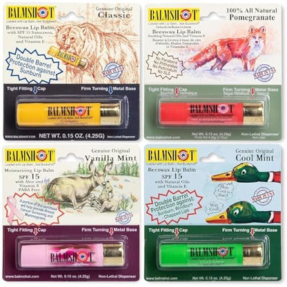 BALMSHOT Lip Balm Multipack - 4 SPF 15 Beeswax Chapsticks with Aloe & Vitamin E, PABA Free, Long Lasting Moisturizer - Made in USA Avelisse