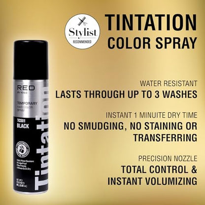 Red by Kiss Tintation Temporary Hair Color Spray - Black, 2.82 oz - Instant Gray Root Touch Up & Hairline Touch-Up, Water-Resistant, Smudge-Proof, Easy Wash Out