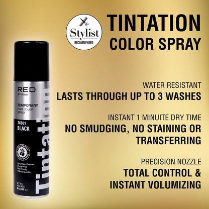 Red by Kiss Tintation Temporary Hair Color Spray - Black, 2.82 oz - Instant Gray Root Touch Up & Hairline Touch-Up, Water-Resistant, Smudge-Proof, Easy Wash Out