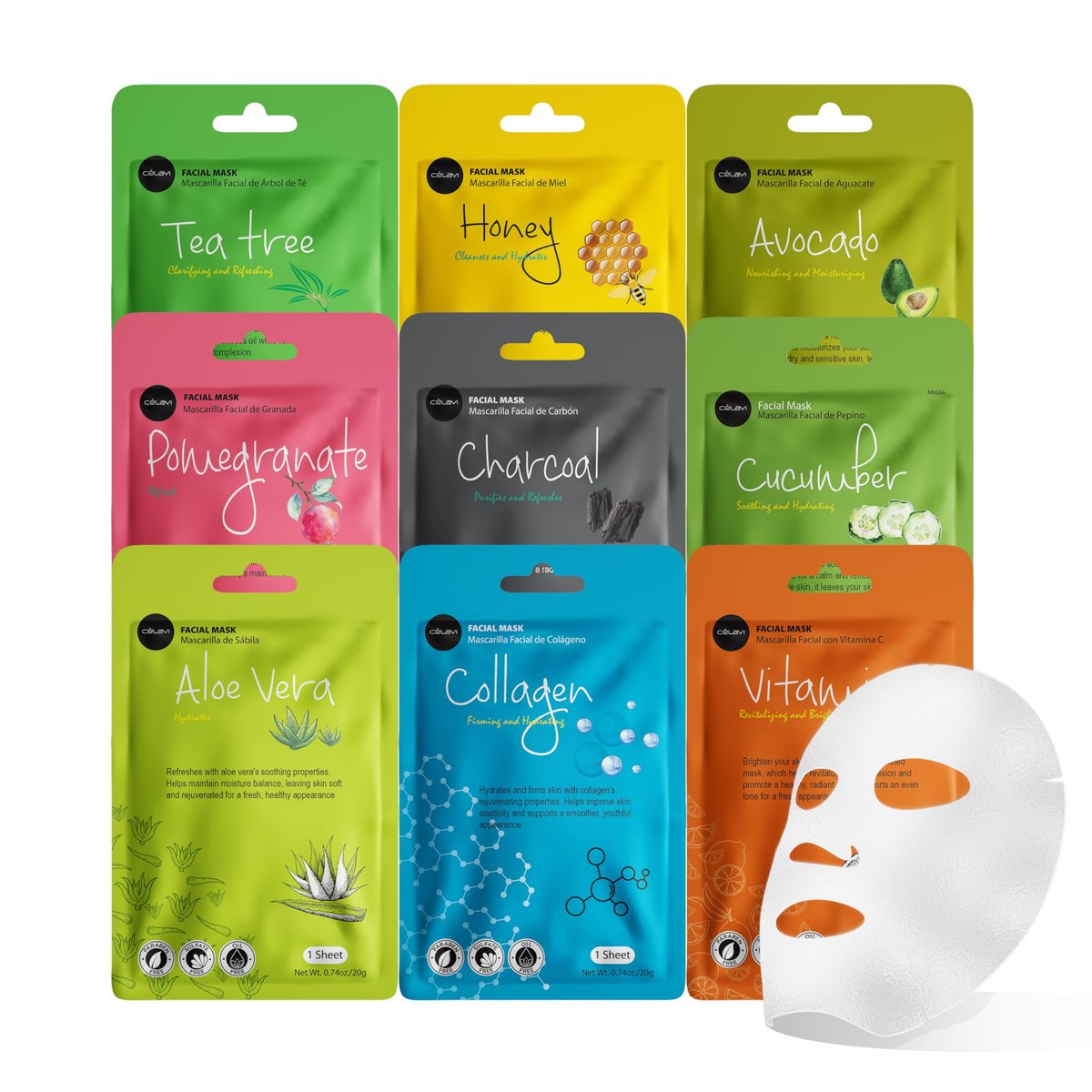 Celavi Essence Facial Face Mask Paper Sheet – Korea Skin Care Moisturizing 9 Pack (Mix of 9) - görsel 1