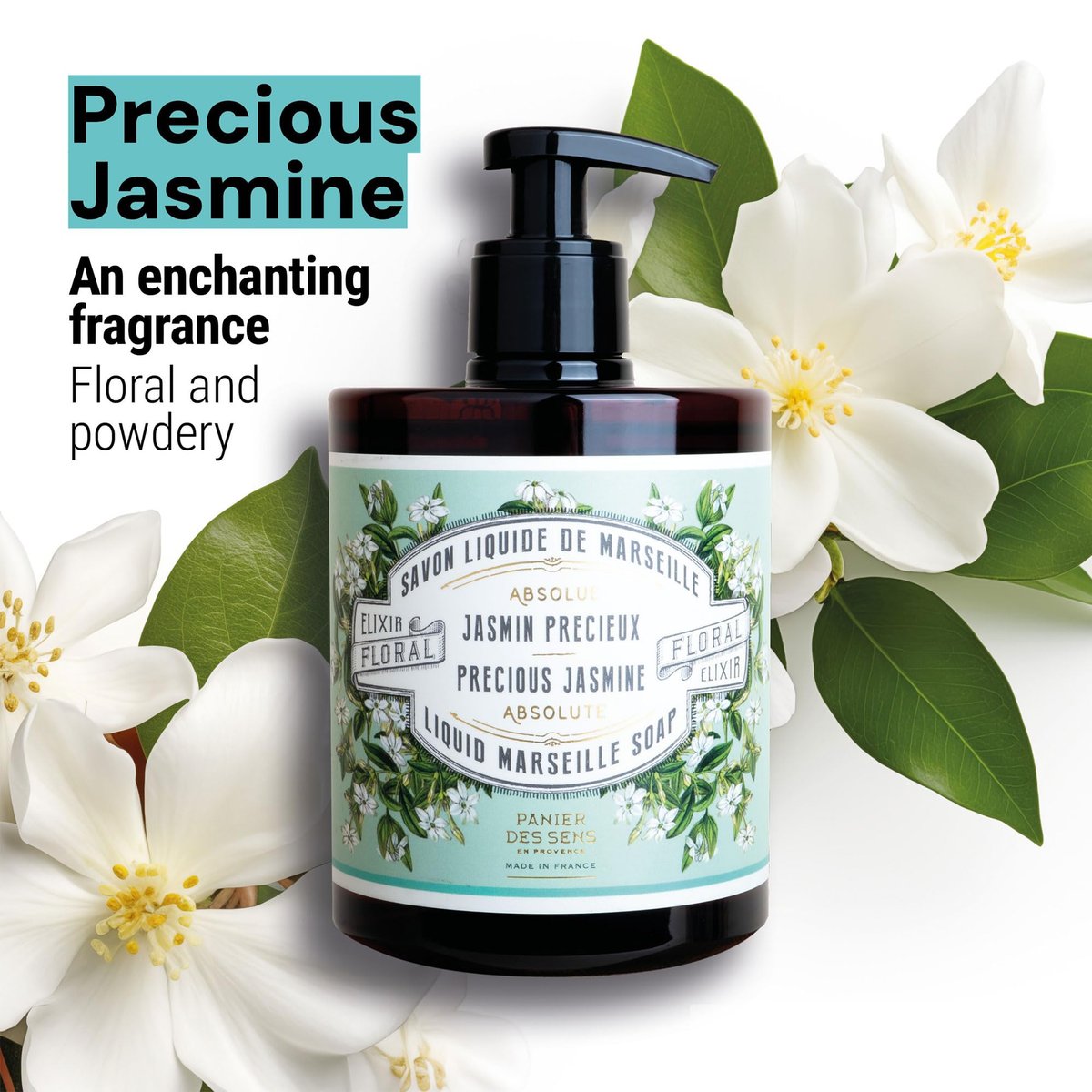 Panier des Sens Jasmine Liquid Hand Soap – French Savon de Marseille, 97% Natural Ingredients, Gentle & Moisturizing Hand Wash, 16.9 fl oz Avelisse
