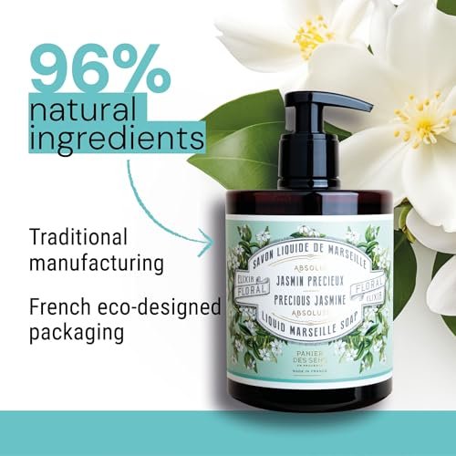 Panier des Sens Jasmine Liquid Hand Soap – French Savon de Marseille, 97% Natural Ingredients, Gentle & Moisturizing Hand Wash, 16.9 fl oz Avelisse