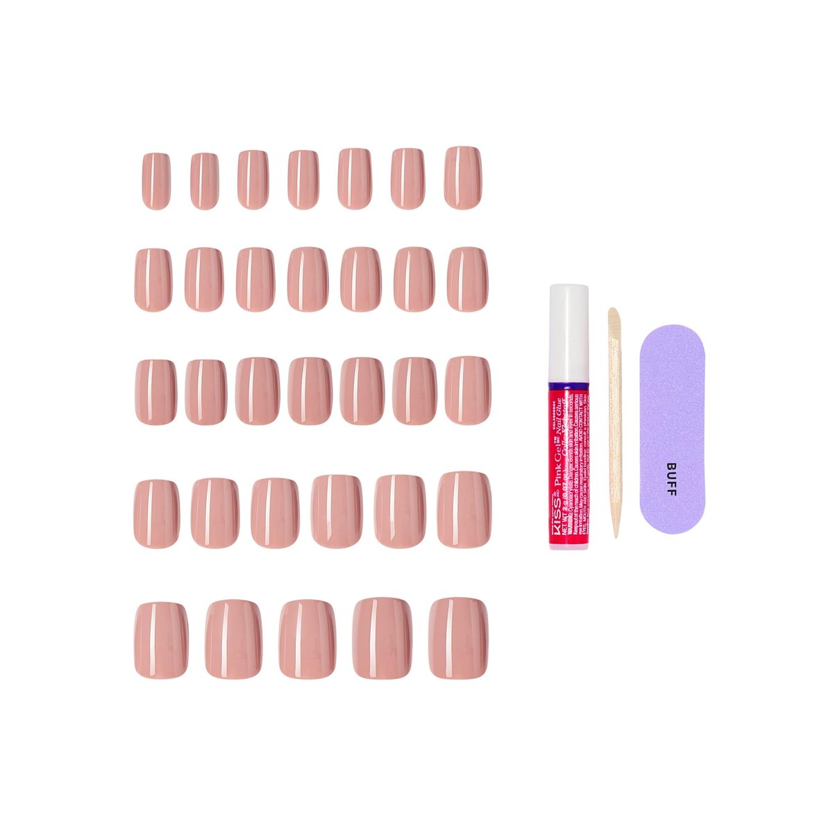 KISS Core Press On Nails - Embullience, Beige, Short Squoval - 32 Nails with Glue, Manicure Stick & Mini File Avelisse