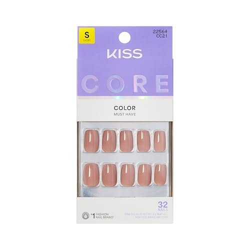KISS Core Press On Nails - Embullience, Beige, Short Squoval - 32 Nails with Glue, Manicure Stick & Mini File Avelisse