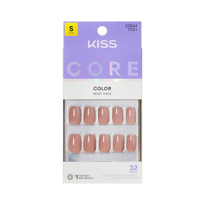 KISS Core Press On Nails - Embullience, Beige, Short Squoval - 32 Nails with Glue, Manicure Stick & Mini File Avelisse
