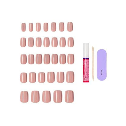 KISS Core Press On Nails - Embullience, Beige, Short Squoval - 32 Nails with Glue, Manicure Stick & Mini File Avelisse