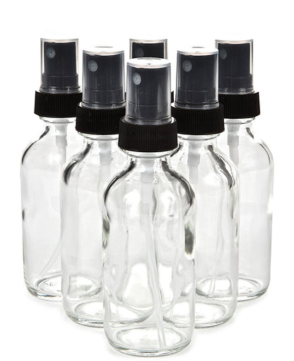 Vivaplex 6-Pack 2 oz Clear Glass Spray Bottles with Black Fine Mist Sprayers - Refillable Travel Size