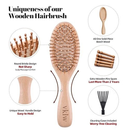vklw Wooden Hair Brush and Comb Set - One-Piece Design, Reduces Frizz & Static, Massages Scalp, Detangling Paddle Hairbrush for Women, Girls, Kids - Includes Cleaning Claw & 5 Wood Bristles Avelisse