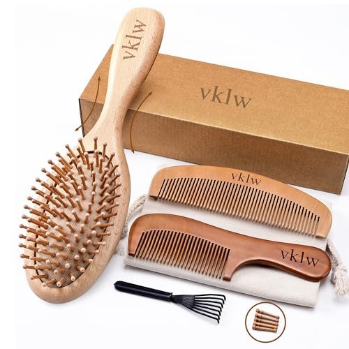 vklw Wooden Hair Brush and Comb Set - One-Piece Design, Reduces Frizz & Static, Massages Scalp, Detangling Paddle Hairbrush for Women, Girls, Kids - Includes Cleaning Claw & 5 Wood Bristles Avelisse