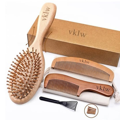 vklw Wooden Hair Brush and Comb Set - One-Piece Design, Reduces Frizz & Static, Massages Scalp, Detangling Paddle Hairbrush for Women, Girls, Kids - Includes Cleaning Claw & 5 Wood Bristles Avelisse
