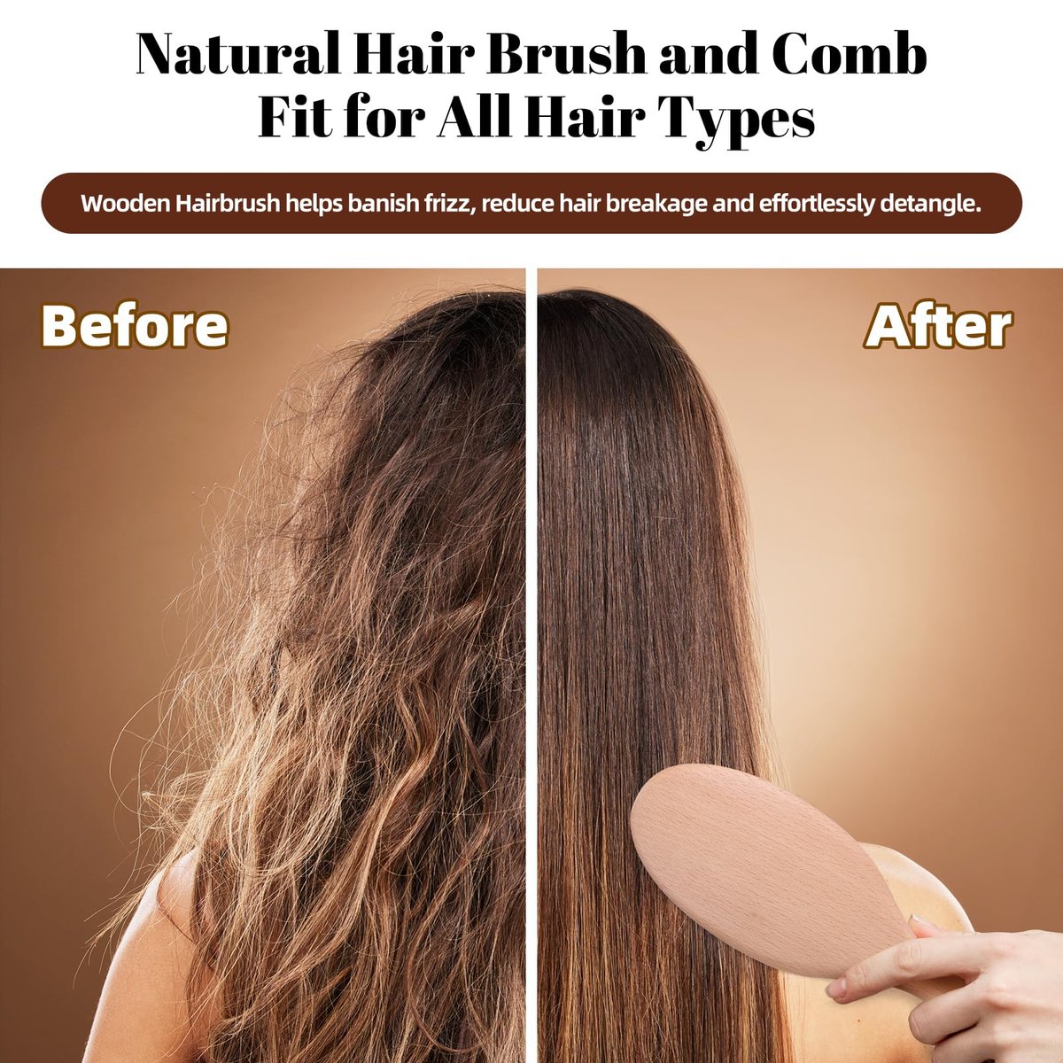 vklw Wooden Hair Brush and Comb Set - One-Piece Design, Reduces Frizz & Static, Massages Scalp, Detangling Paddle Hairbrush for Women, Girls, Kids - Includes Cleaning Claw & 5 Wood Bristles Avelisse