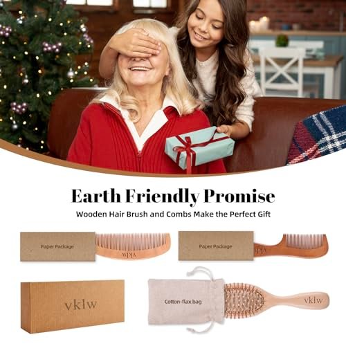 vklw Wooden Hair Brush and Comb Set - One-Piece Design, Reduces Frizz & Static, Massages Scalp, Detangling Paddle Hairbrush for Women, Girls, Kids - Includes Cleaning Claw & 5 Wood Bristles Avelisse