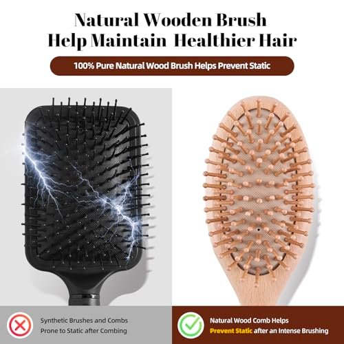 vklw Wooden Hair Brush and Comb Set - One-Piece Design, Reduces Frizz & Static, Massages Scalp, Detangling Paddle Hairbrush for Women, Girls, Kids - Includes Cleaning Claw & 5 Wood Bristles Avelisse