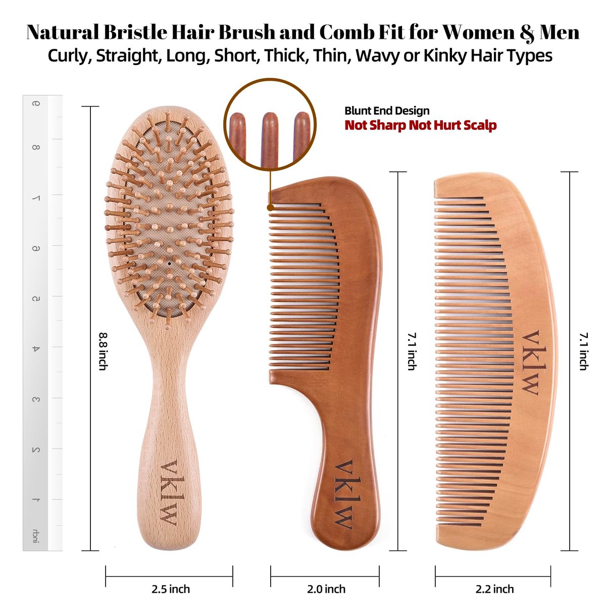 vklw Wooden Hair Brush and Comb Set - One-Piece Design, Reduces Frizz & Static, Massages Scalp, Detangling Paddle Hairbrush for Women, Girls, Kids - Includes Cleaning Claw & 5 Wood Bristles Avelisse