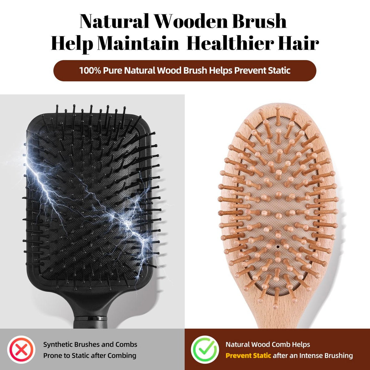 vklw Wooden Hair Brush and Comb Set - One-Piece Design, Reduces Frizz & Static, Massages Scalp, Detangling Paddle Hairbrush for Women, Girls, Kids - Includes Cleaning Claw & 5 Wood Bristles Avelisse