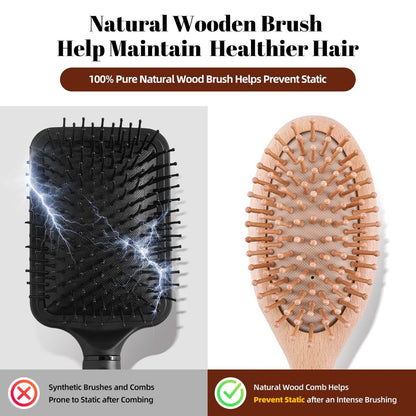 vklw Wooden Hair Brush and Comb Set - One-Piece Design, Reduces Frizz & Static, Massages Scalp, Detangling Paddle Hairbrush for Women, Girls, Kids - Includes Cleaning Claw & 5 Wood Bristles Avelisse