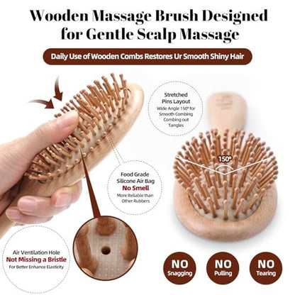 vklw Wooden Hair Brush and Comb Set - One-Piece Design, Reduces Frizz & Static, Massages Scalp, Detangling Paddle Hairbrush for Women, Girls, Kids - Includes Cleaning Claw & 5 Wood Bristles Avelisse