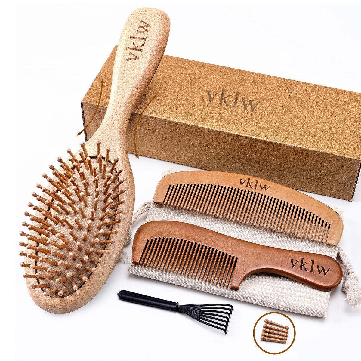 vklw Wooden Hair Brush and Comb Set - One-Piece Design, Reduces Frizz & Static, Massages Scalp, Detangling Paddle Hairbrush for Women, Girls, Kids - Includes Cleaning Claw & 5 Wood Bristles Avelisse