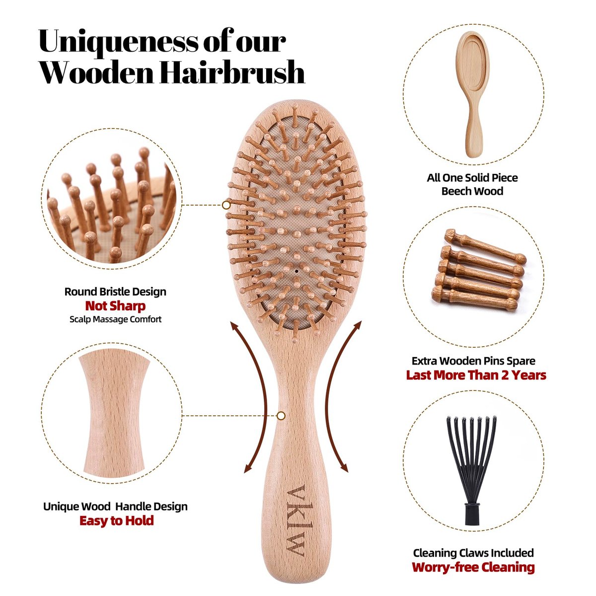 vklw Wooden Hair Brush and Comb Set - One-Piece Design, Reduces Frizz & Static, Massages Scalp, Detangling Paddle Hairbrush for Women, Girls, Kids - Includes Cleaning Claw & 5 Wood Bristles Avelisse