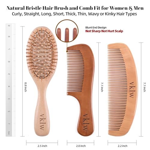 vklw Wooden Hair Brush and Comb Set - One-Piece Design, Reduces Frizz & Static, Massages Scalp, Detangling Paddle Hairbrush for Women, Girls, Kids - Includes Cleaning Claw & 5 Wood Bristles Avelisse