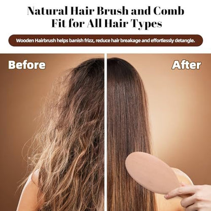 vklw Wooden Hair Brush and Comb Set - One-Piece Design, Reduces Frizz & Static, Massages Scalp, Detangling Paddle Hairbrush for Women, Girls, Kids - Includes Cleaning Claw & 5 Wood Bristles Avelisse