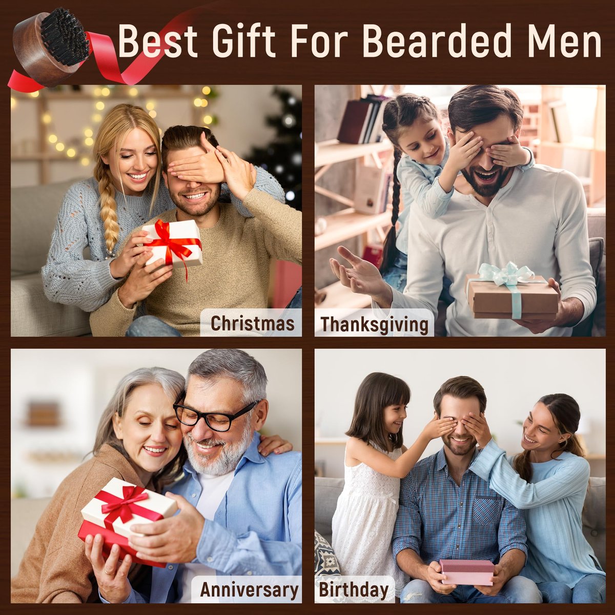 BFWood Beard Brush for Men - Boar Bristles Small and Round - Black Walnut Wood - görsel 11