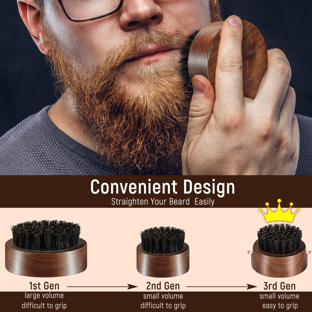 BFWood Beard Brush for Men - Boar Bristles Small and Round - Black Walnut Wood - görsel 9