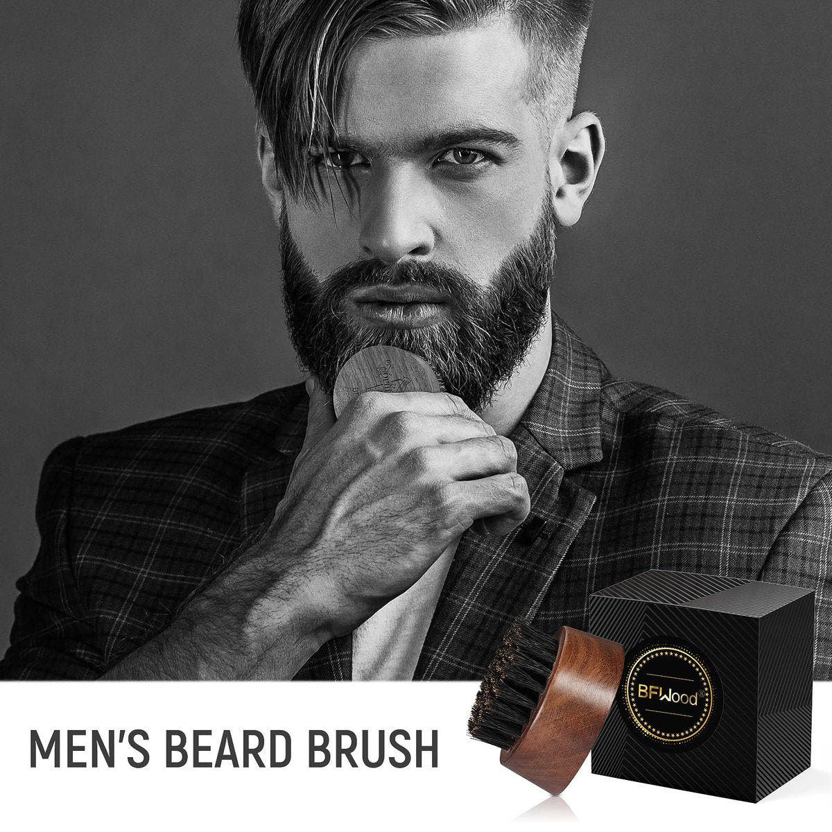 BFWood Beard Brush for Men - Boar Bristles Small and Round - Black Walnut Wood - görsel 7