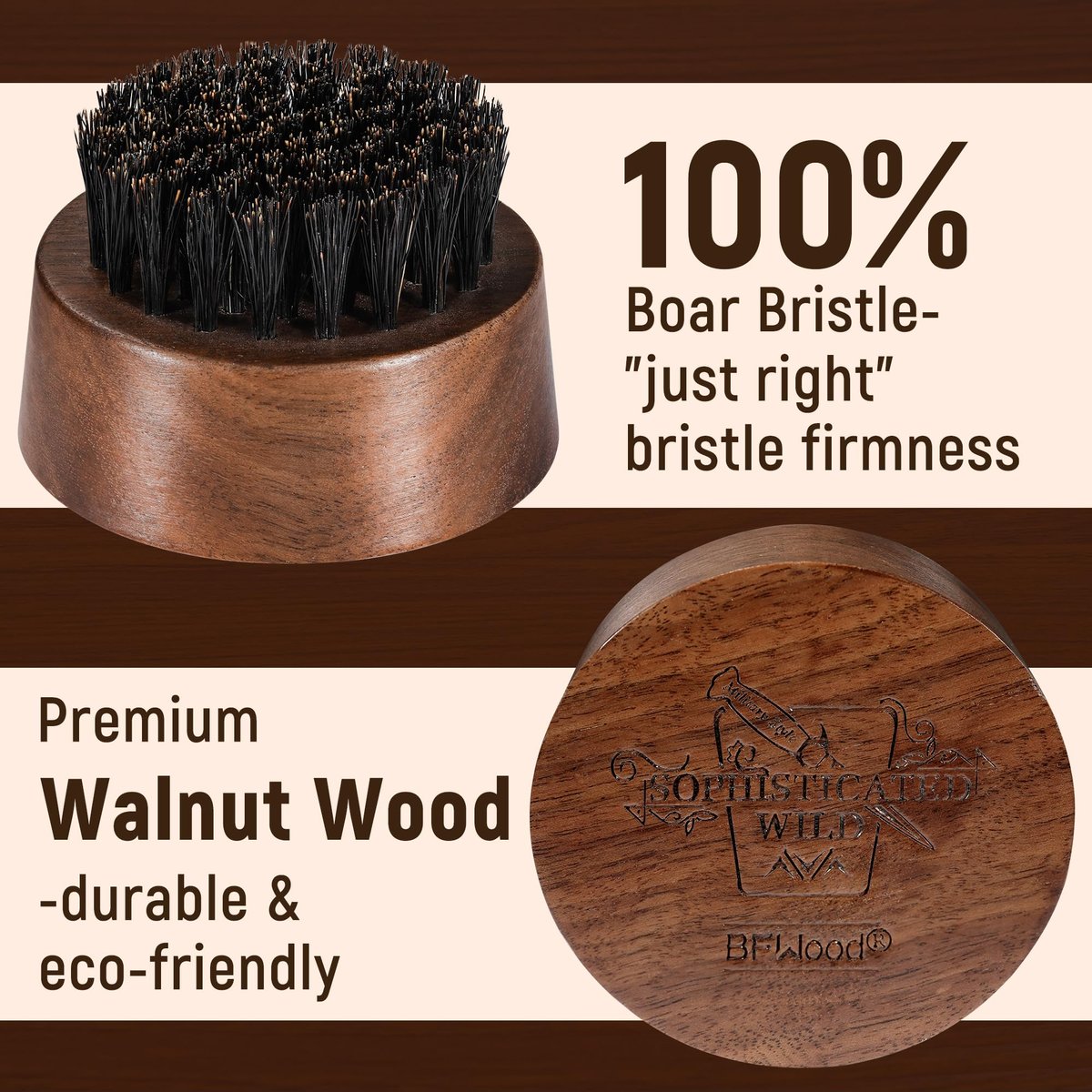 BFWood Beard Brush for Men - Boar Bristles Small and Round - Black Walnut Wood - görsel 5