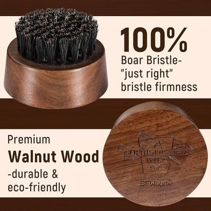 BFWood Beard Brush for Men - Boar Bristles Small and Round - Black Walnut Wood