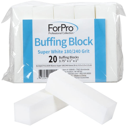 ForPro Professional Collection 4-Sided Nail Buffer Block - 180/240 Grit, 20 Count - Super White Flexible Foam Manicure & Pedicure File